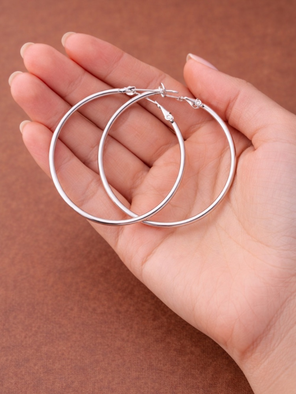 Sterling Silver Hoop Earrings - Women Jewelry 50/60 mm - Picture 4 of 13